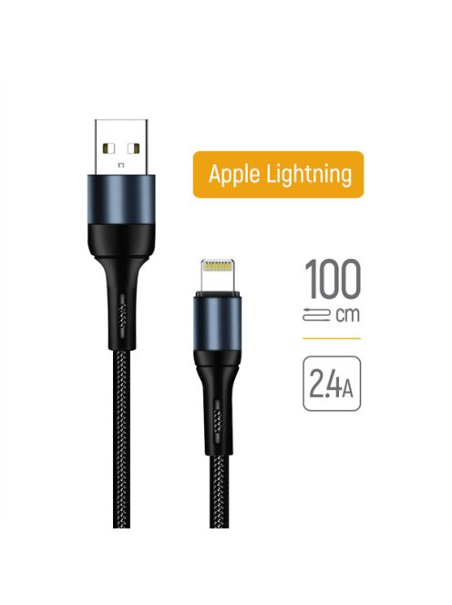 COLORWAY Kábel, USB CW-CBUL045-BK, Apple Lightning (nylon) 2,4A 1M fekete