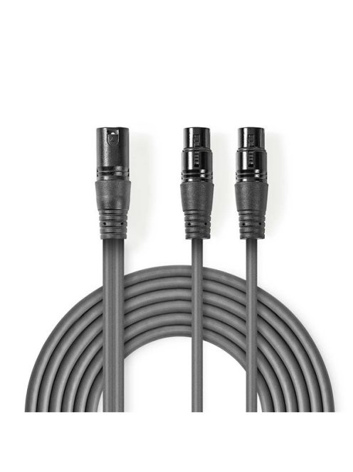 Nedis COTH15025GY15 félprofi XLR audio kábel, XLR 3p dugó - 2 x XLR 3p aljzat, 1.5m, rugalmas
