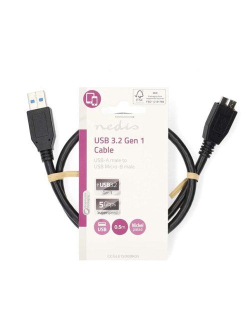 Nedis CCGL61500BK05 USB3.2 - micro-B (micro B) kábel, 5 Gbps, 0,5m, (USB3.1, USB3.0, USB2.0)