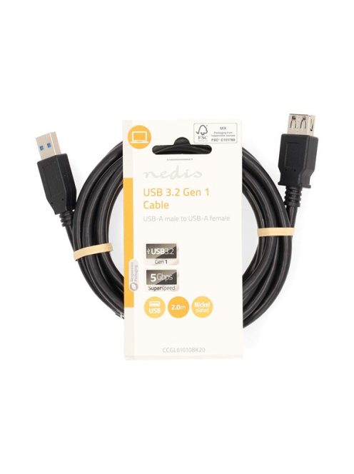Nedis CCGL61010BK20 USB3.2 toldó / hosszabító kábel, USB A dugó - USB-A aljzat, 5 Gbps, 2m (USB3.1, USB3.0, USB2.0)