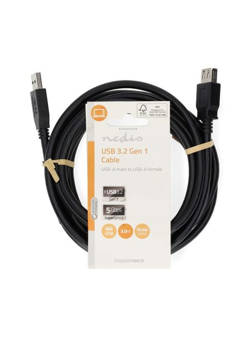 Nedis CCGL61010BK30 USB3.2 toldó / hosszabító kábel, USB A dugó - USB-A aljzat, 5 Gbps, 3m, (USB3.1, USB3.0, USB2.0)