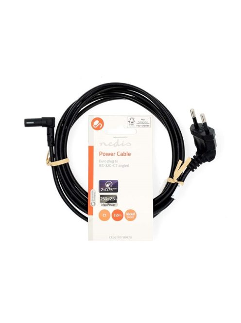 Nedis CEGL11075BK20 táp kábel IEC-320-C1, 90°-os szögben hajlított, 2m