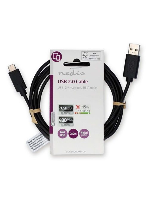 Nedis CCGL60600BK20 USB A - USB C (USB-C) kábel, USB2.0, 15W, hossz 2m