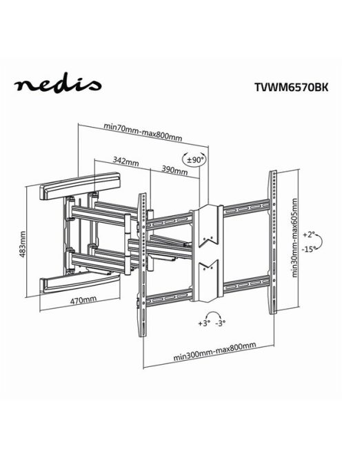 Nedis TVWM6570BK 43"- 100" LCD TV / monitor fali tartókonzol, maximum 70 kg, forgatható / dönthető, 3 forgáspont