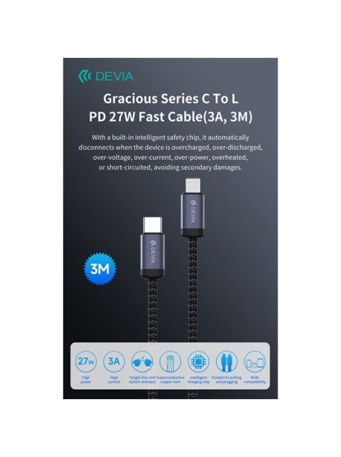 Devia Gracious Series 27W PD Type-C/Lightning adat- és töltőkábel 3m - fekete