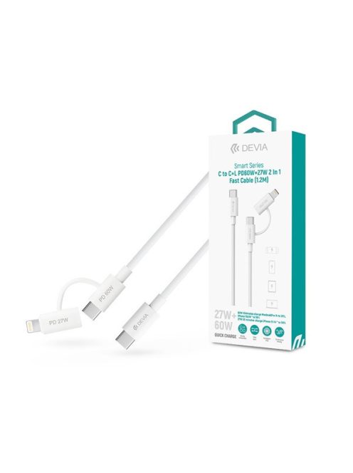 Devia Smart Series 60W+27W PD Type-C/Type-C + Lightning adat- és töltőkábel 1.2m- fehér