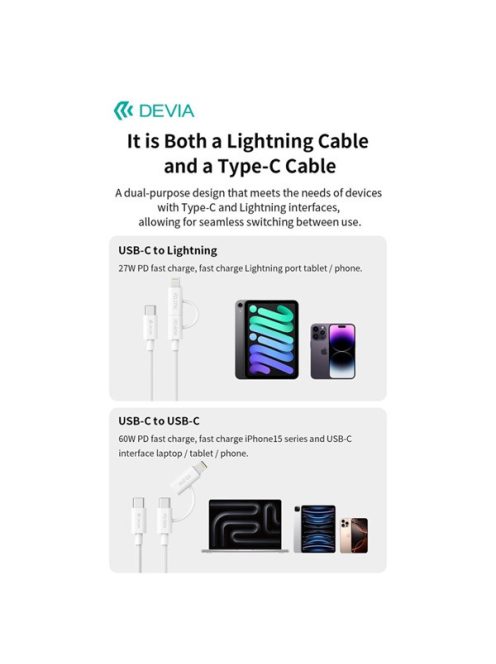 Devia Smart Series 60W+27W PD Type-C/Type-C + Lightning adat- és töltőkábel 1.2m- fehér