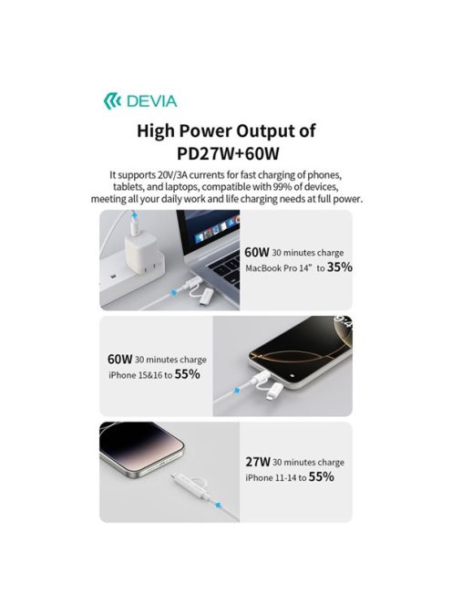 Devia Smart Series 60W+27W PD Type-C/Type-C + Lightning adat- és töltőkábel 1.2m- fehér