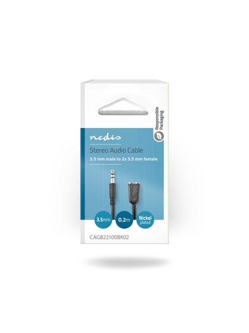 Nedis CAGB22100BK02 sztereo audio kábel, 3,5 mm sztereo jack dugó - 2x 3,5 mm jack aljzat, 0,20m