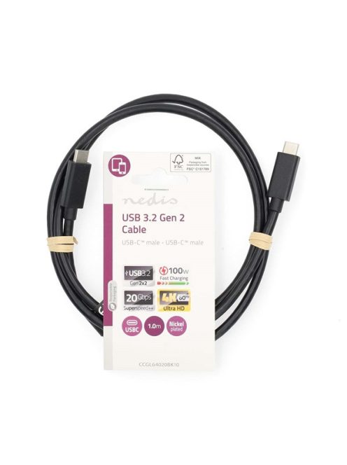Nedis CCGL64020BK10 USB C - USB C (USB-C) kábel, USB 3.2 Gen 2, 100W, hossz 1m