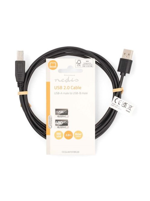 Nedis CCGL60101BK20 USB2.0, USB A - B kábel, 480Mbs, hossz 2m