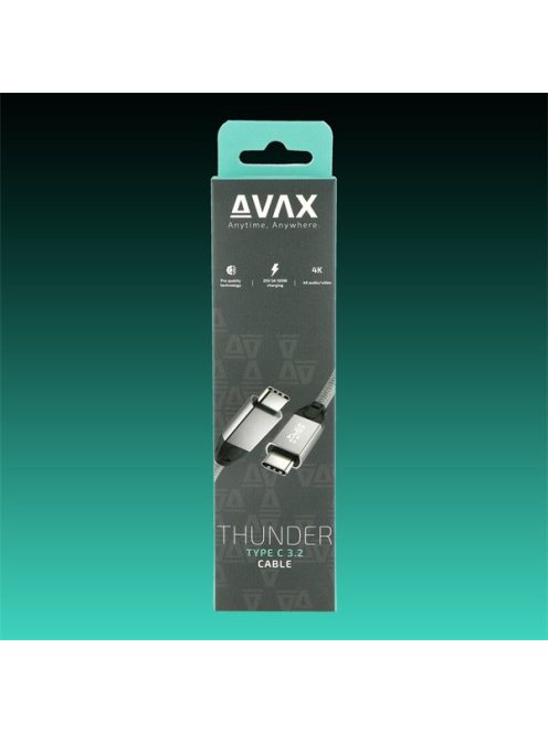 AVAX Töltőkábel, USB-C - USB-C, 5A, 100W/10Gbps, 1 méter, viharszürke