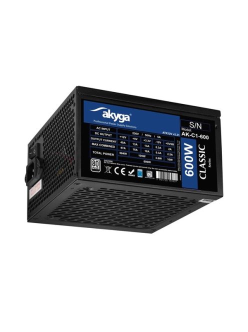 AKYGA Tápegység 600W 80+, 12cm, 20+4