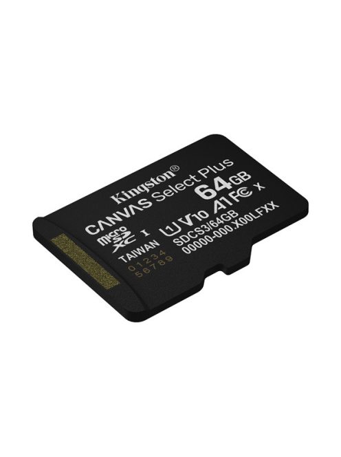 KINGSTON Memóriakártya MicroSDXC 64GB Canvas Select Plus Gen3 100R A1 Adaprer nélkül