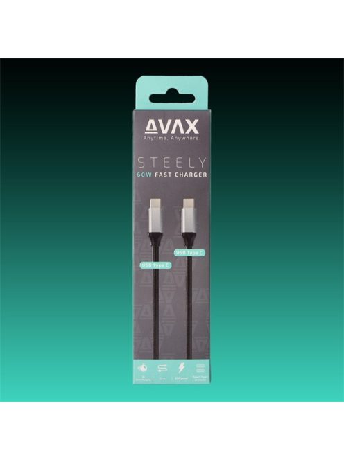 AVAX Töltőkábel, USB-C - USB-C, 60W, 3A, 1,5 méter, acélszürke
