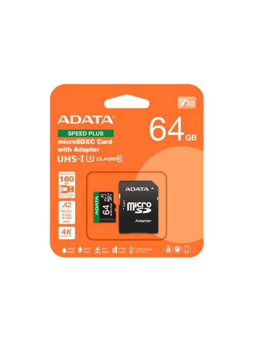 ADATA Memóriakártya MicroSDXC 64GB + Adapter SPEED PLUS UHS-I U3 (160/140)