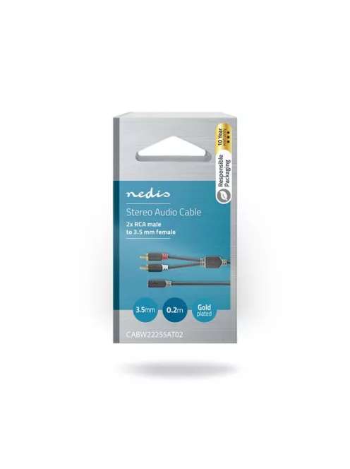 Nedis CABW22255AT02 sztereo audió kábel 2x RCA dugó - 3,5mm sztereo jack aljzat,  Aranyozott,  0,20m